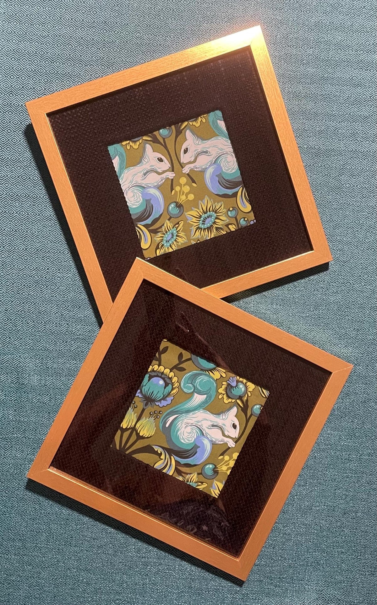 Set of 4 Tula Pink Squirrel Fabric Art Prints, Gold Frames, Black Mats
