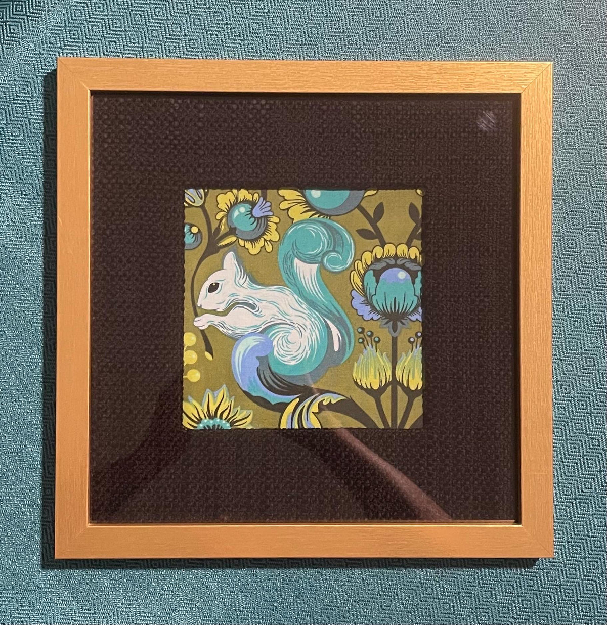 Set of 4 Tula Pink Squirrel Fabric Art Prints, Gold Frames, Black Mats