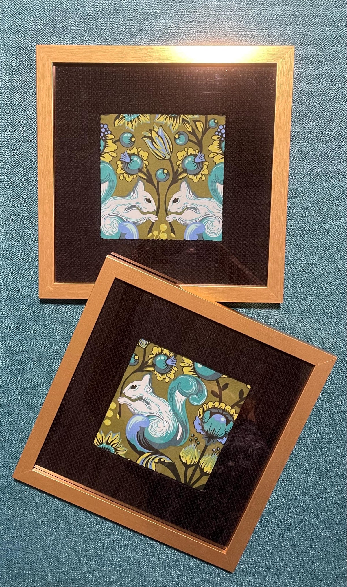 Set of 4 Tula Pink Squirrel Fabric Art Prints, Gold Frames, Black Mats