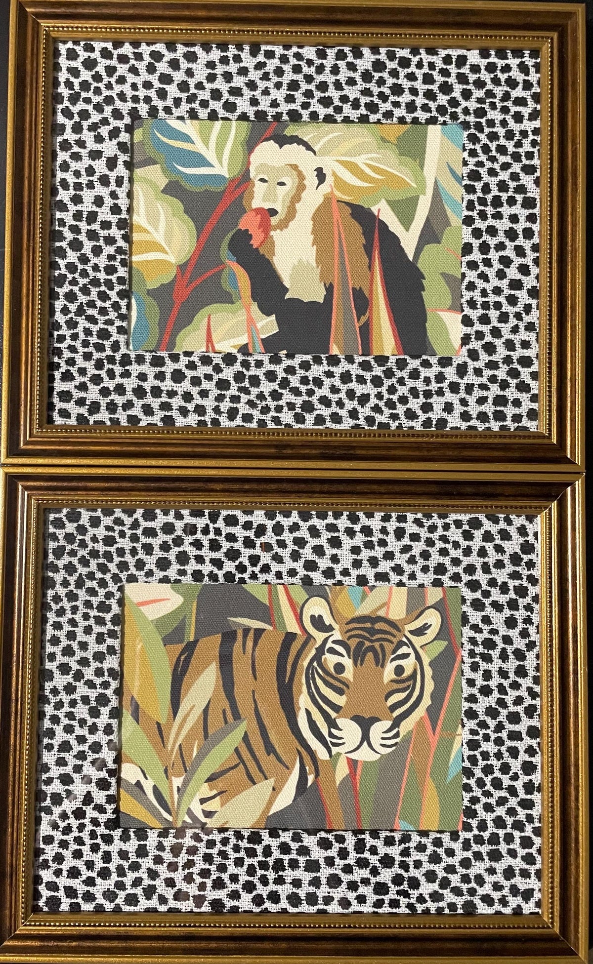 Pair of Safari Fabric Art – Tiger, Monkey, Ballard Designs Ebony Tully fabric mat