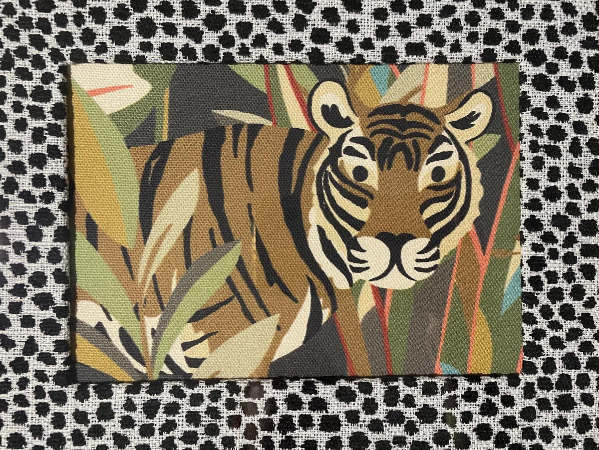Pair of Safari Fabric Art – Tiger, Monkey, Ballard Designs Ebony Tully fabric mat