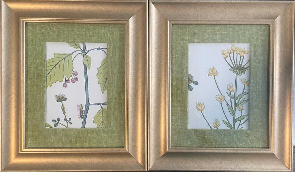 Pair of Ballard Designs Isabella Fabric Art, Gold Frame with custom Olive Linen matting