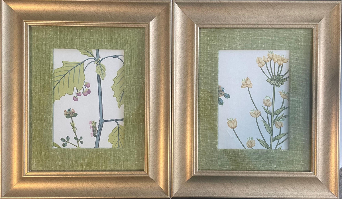 Pair of Ballard Designs Isabella Fabric Art, Gold Frame with custom Olive Linen matting