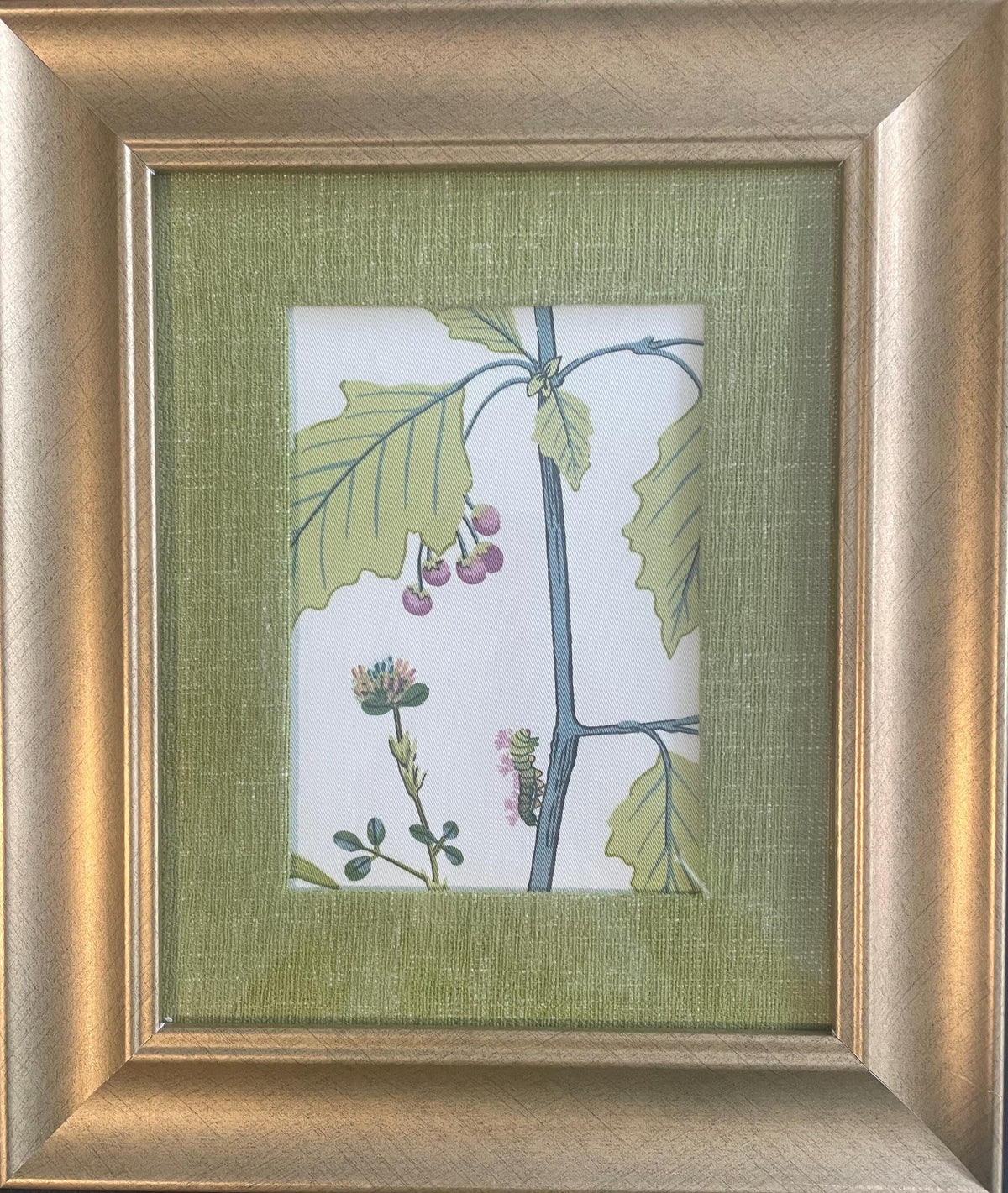 Pair of Ballard Designs Isabella Fabric Art, Gold Frame with custom Olive Linen matting