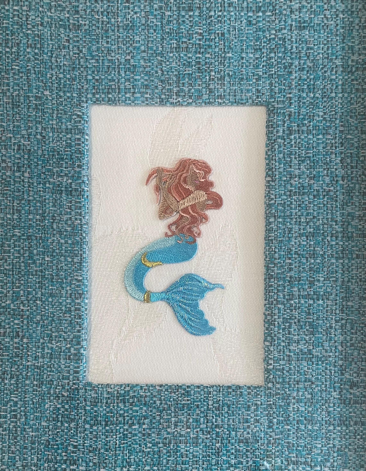 Custom Embroidered Mermaid Applique Fabric Mat - Textured White Designer Wall Art, Coastal Nursery Decor, Under the Sea Gift