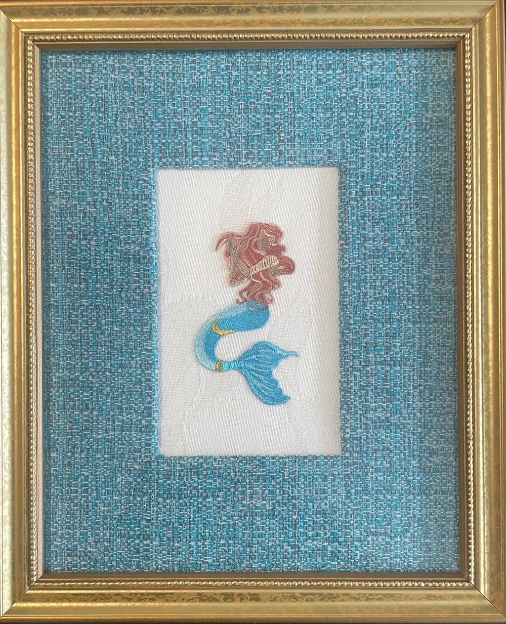 Custom Embroidered Mermaid Applique Fabric Mat - Textured White Designer Wall Art, Coastal Nursery Decor, Under the Sea Gift