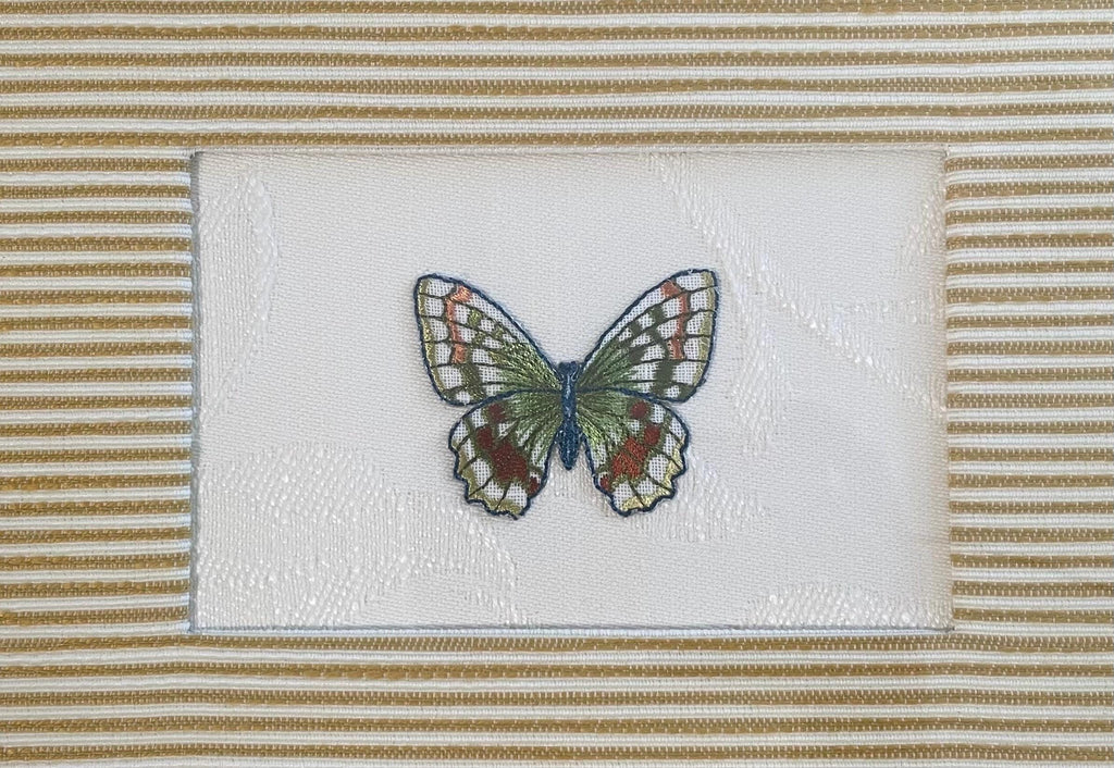 Embroidered Butterfly Art: Custom Framed Ballard Designs Biff Mustard Fabric