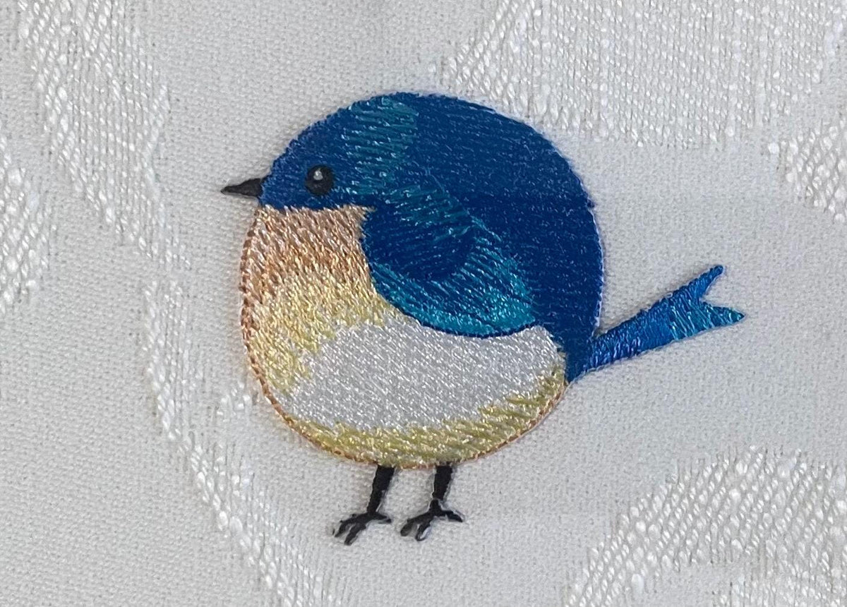 Embroidered Blue Bird Art in Gold Frame - Ballard Designs Biff Mustard Fabric, Cottage Farmhouse Wall Decor