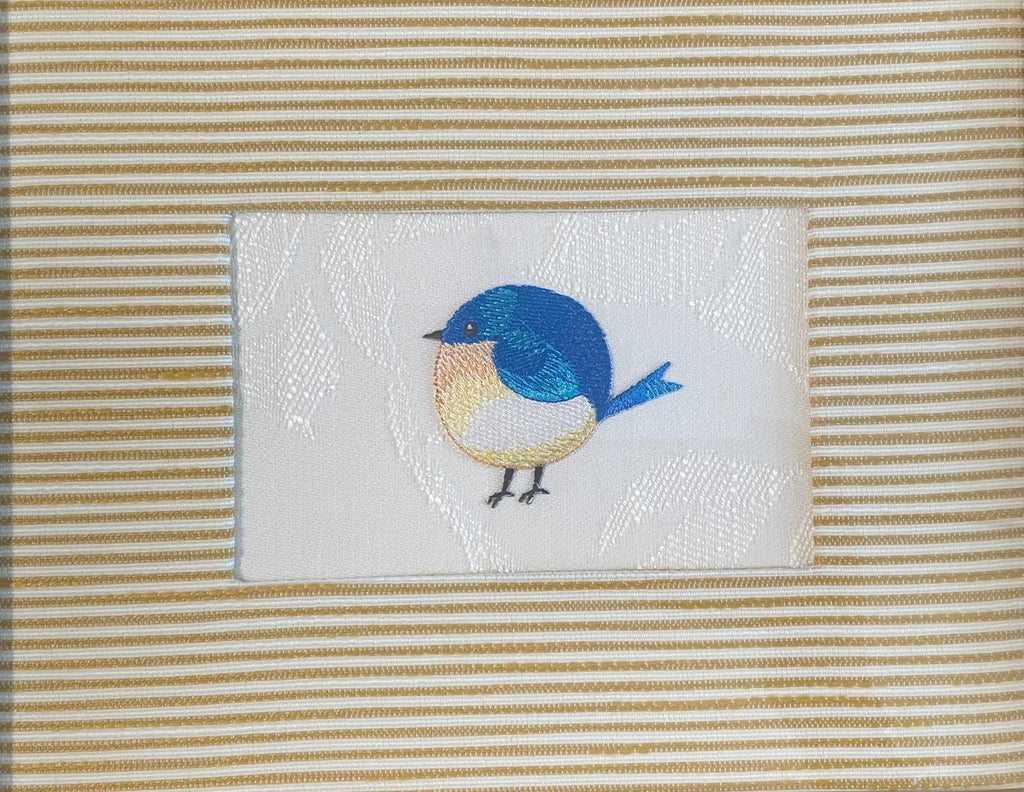 Embroidered Blue Bird Art in Gold Frame - Ballard Designs Biff Mustard Fabric, Cottage Farmhouse Wall Decor