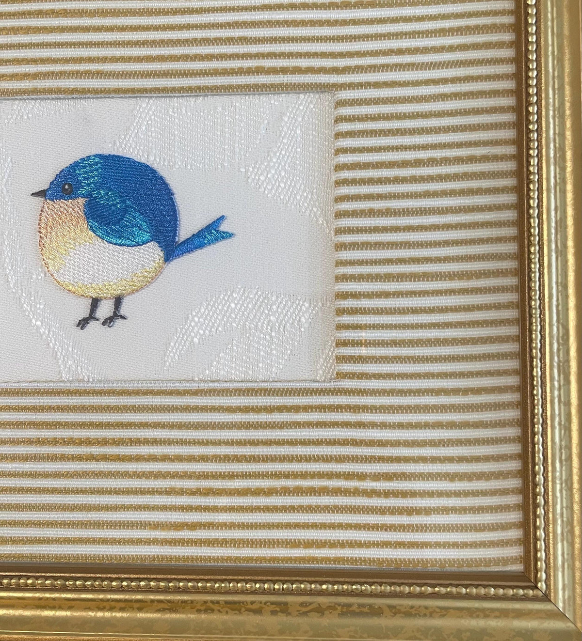 Embroidered Blue Bird Art in Gold Frame - Ballard Designs Biff Mustard Fabric, Cottage Farmhouse Wall Decor