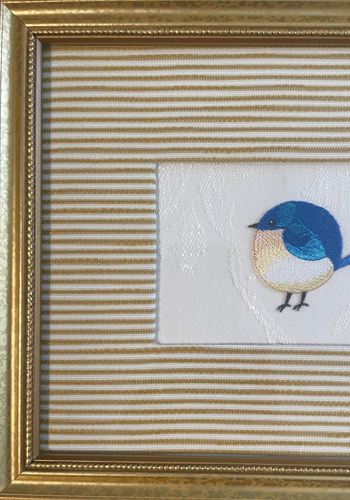 Embroidered Blue Bird Art in Gold Frame - Ballard Designs Biff Mustard Fabric, Cottage Farmhouse Wall Decor