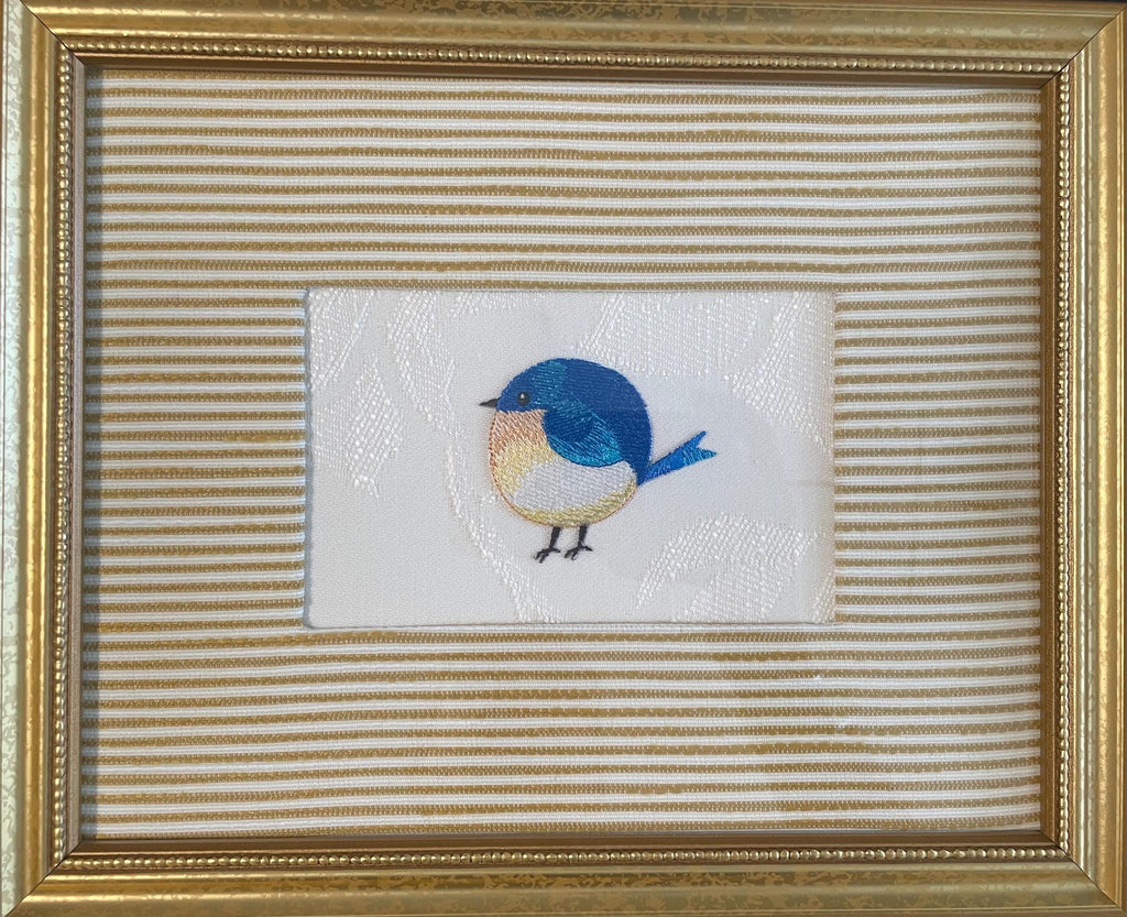 Embroidered Blue Bird Art in Gold Frame - Ballard Designs Biff Mustard Fabric, Cottage Farmhouse Wall Decor