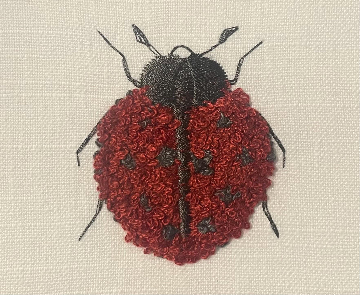 Ladybug Embroidered Boucle Art on Ballard Designs Ebony Tully Fabric Mat - Framed Nature Wall Decor