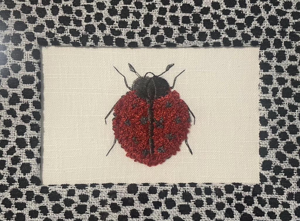 Ladybug Embroidered Boucle Art on Ballard Designs Ebony Tully Fabric Mat - Framed Nature Wall Decor