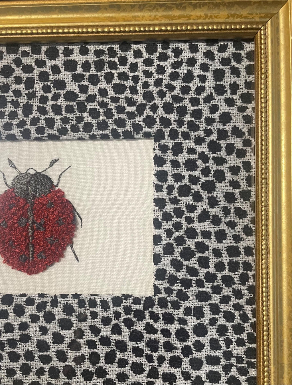 Ladybug Embroidered Boucle Art on Ballard Designs Ebony Tully Fabric Mat - Framed Nature Wall Decor