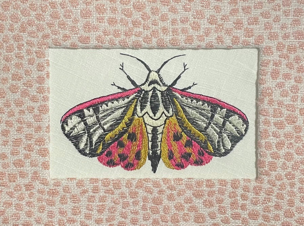 Custom Framed Embroidered Butterfly Tiger Moth Art with Rose Quartz Fabric Matting | Elegant Wall Decor