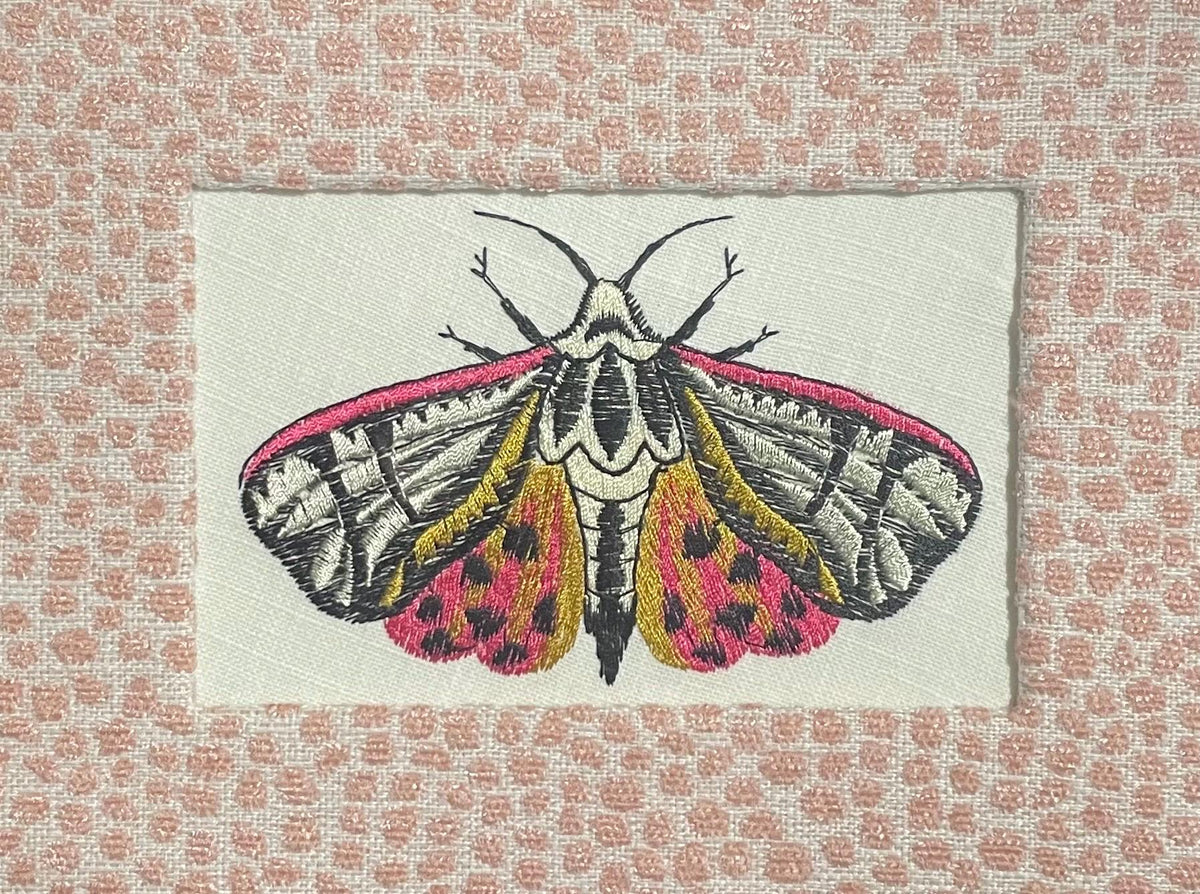 Custom Framed Embroidered Butterfly Tiger Moth Art with Rose Quartz Fabric Matting | Elegant Wall Decor