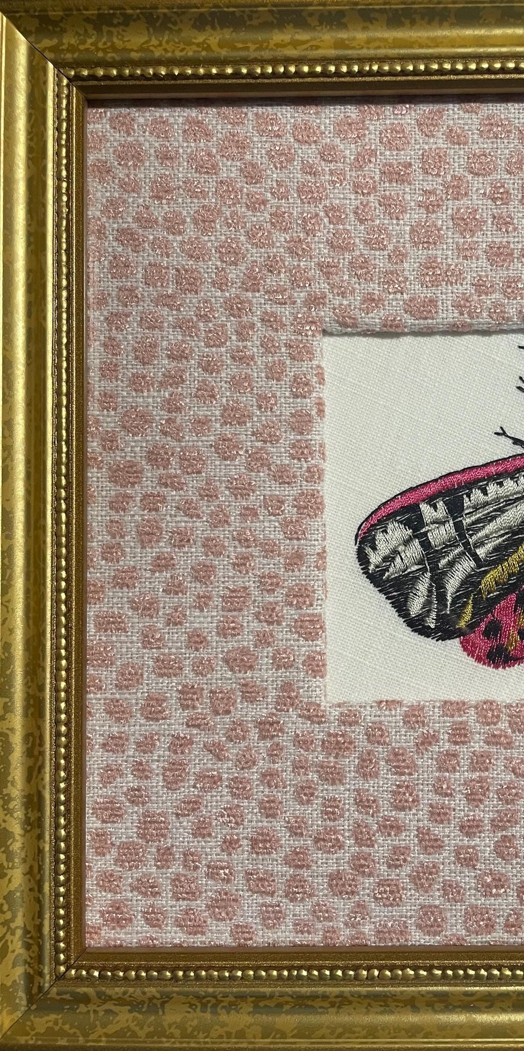 Custom Framed Embroidered Butterfly Tiger Moth Art with Rose Quartz Fabric Matting | Elegant Wall Decor