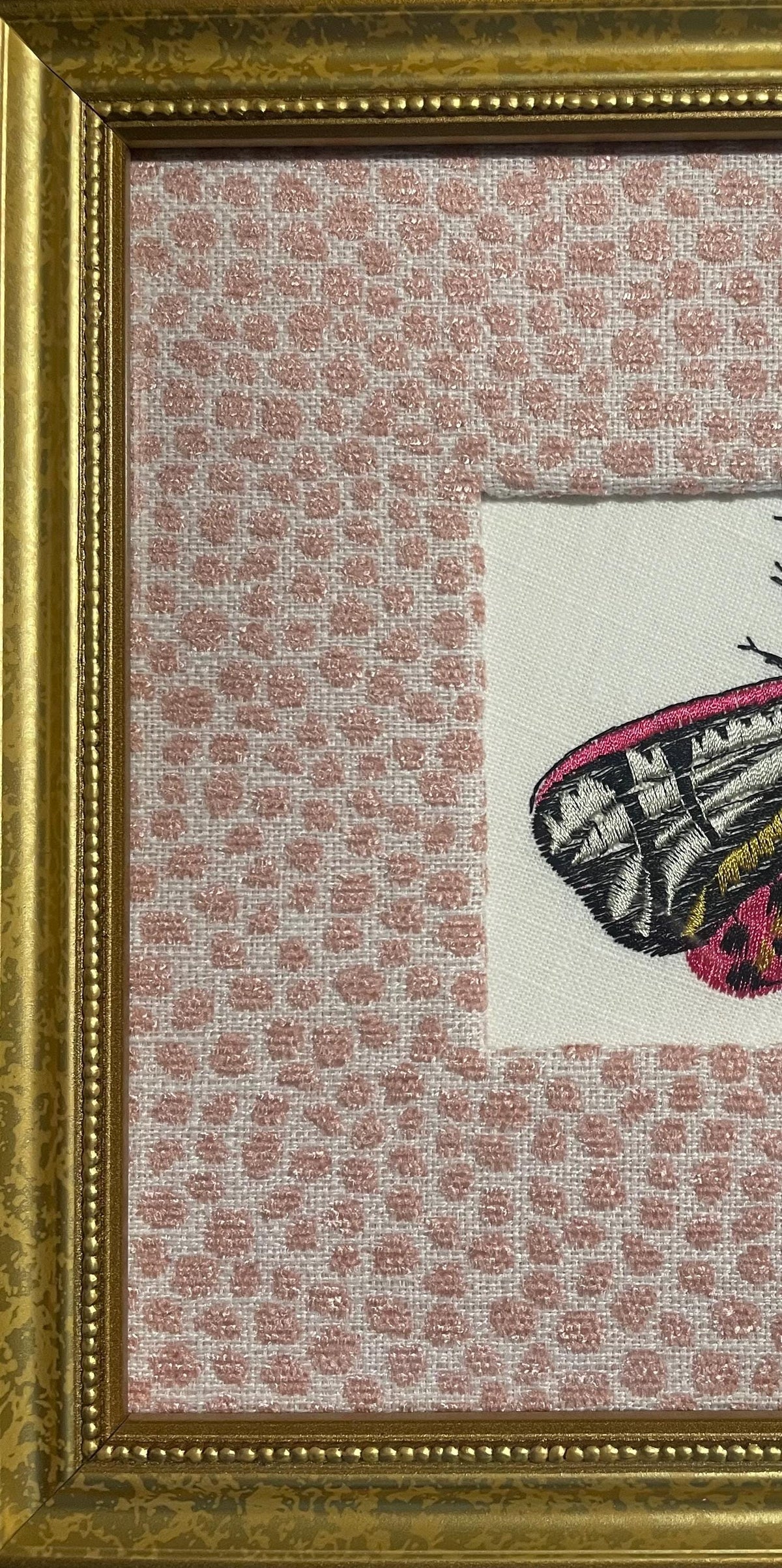 Custom Framed Embroidered Butterfly Tiger Moth Art with Rose Quartz Fabric Matting | Elegant Wall Decor