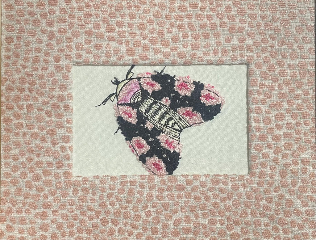 Embroidered Butterfly Moth Art, Gold Frame, Rose Quartz Fabric Matting Wall Decor