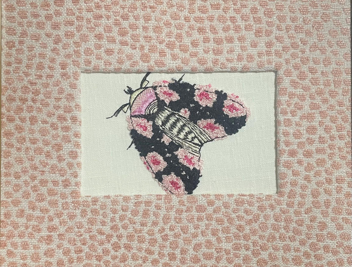 Embroidered Butterfly Moth Art, Gold Frame, Rose Quartz Fabric Matting Wall Decor