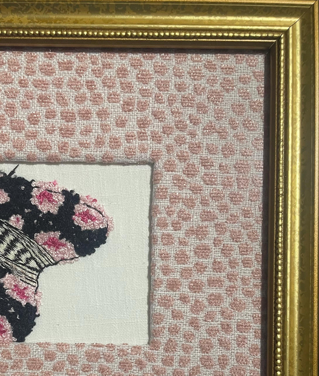 Embroidered Butterfly Moth Art, Gold Frame, Rose Quartz Fabric Matting Wall Decor
