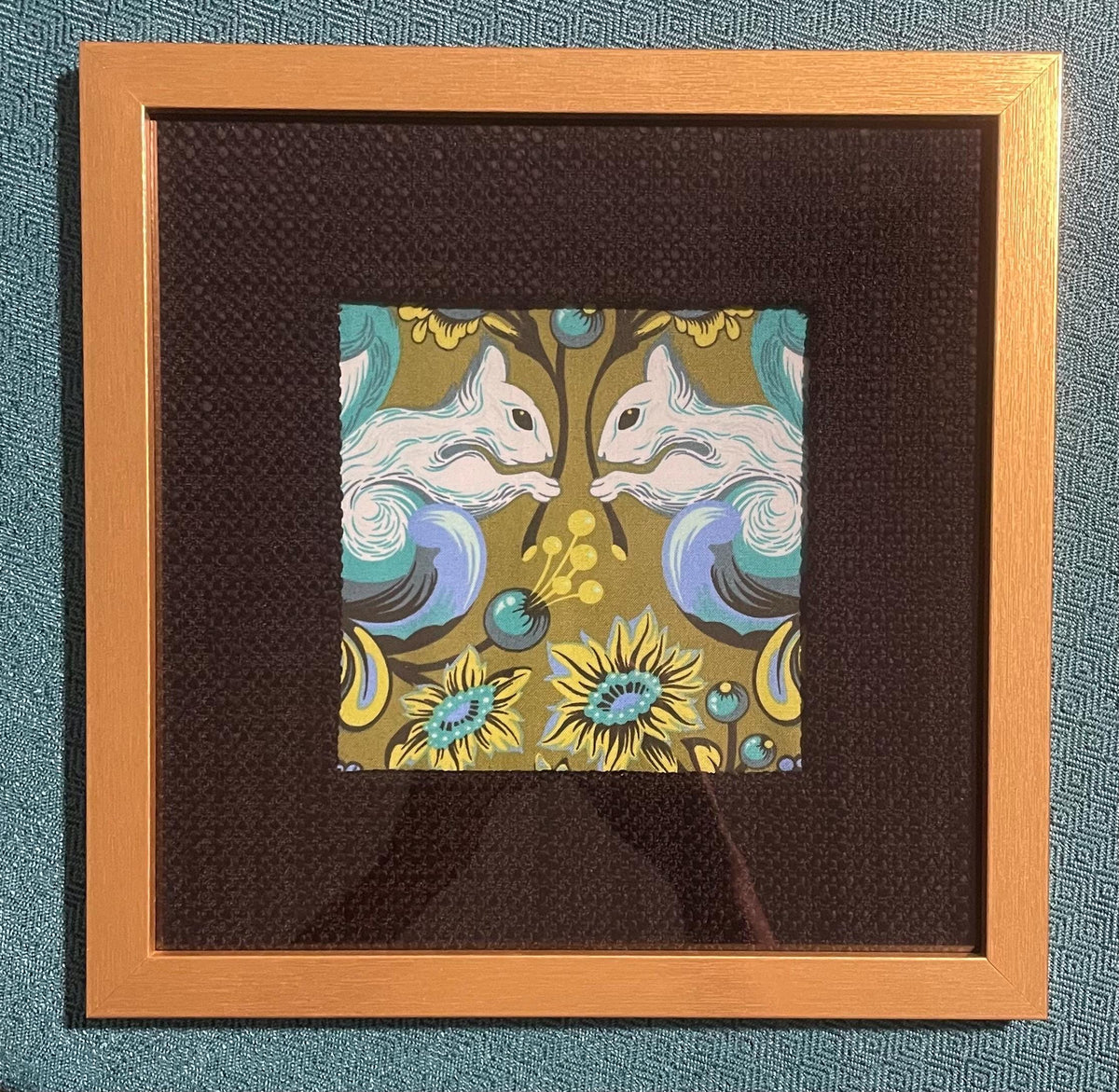 Set of 4 Tula Pink Squirrel Fabric Art Prints, Gold Frames, Black Mats