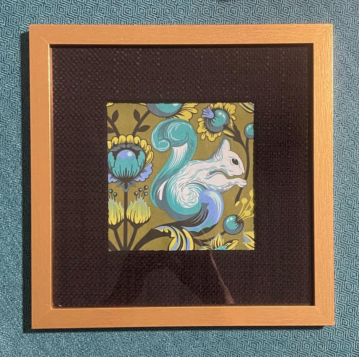 Set of 4 Tula Pink Squirrel Fabric Art Prints, Gold Frames, Black Mats