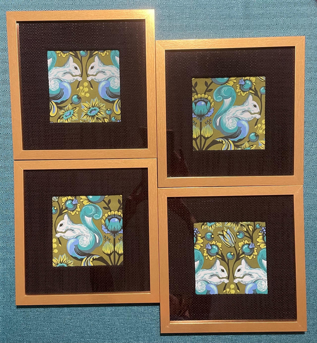 Set of 4 Tula Pink Squirrel Fabric Art Prints, Gold Frames, Black Mats