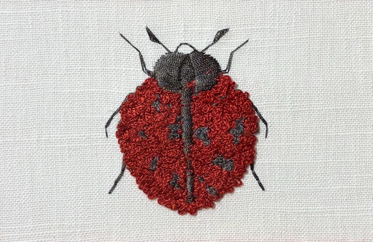 Embroidered Boucle Ladybug Art – custom Schumacher Queen B Fabric mat, Gold Frame (9.125" x 11.125")