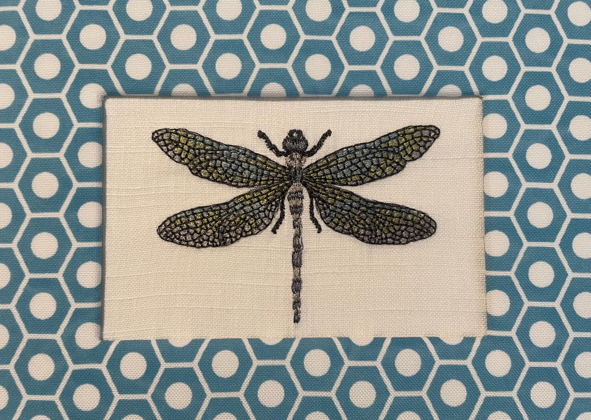 Embroidered Dragonfly Art – Schumacher Queen B Mat, Gold Frame (9.125" x 11.125")