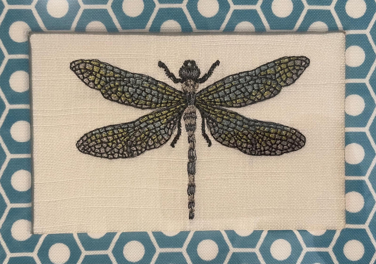 Embroidered Dragonfly Art – Schumacher Queen B Mat, Gold Frame (9.125" x 11.125")