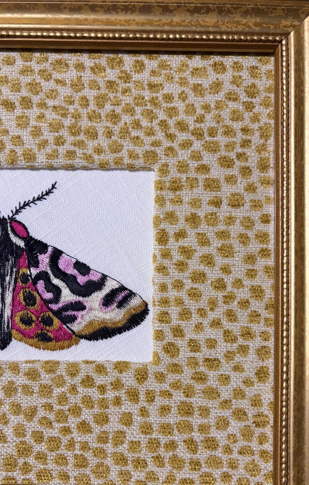 Custom Embroidered Butterfly Moth Wall Art | Tully Goldenrod Fabric Mat, Gold Frame