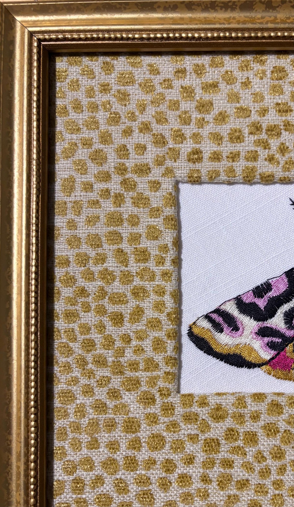 Custom Embroidered Butterfly Moth Wall Art | Tully Goldenrod Fabric Mat, Gold Frame