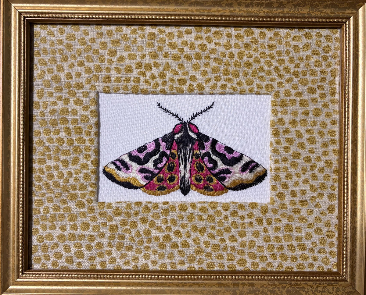 Custom Embroidered Butterfly Moth Wall Art | Tully Goldenrod Fabric Mat, Gold Frame