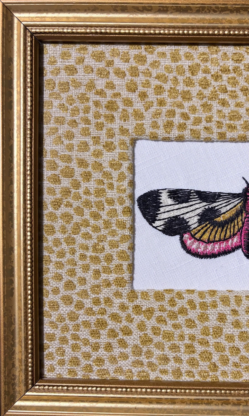 Embroidered Butterfly Moth Wall Art | Tully Goldenrod Ballard Designs Fabric Mat, Gold Frame