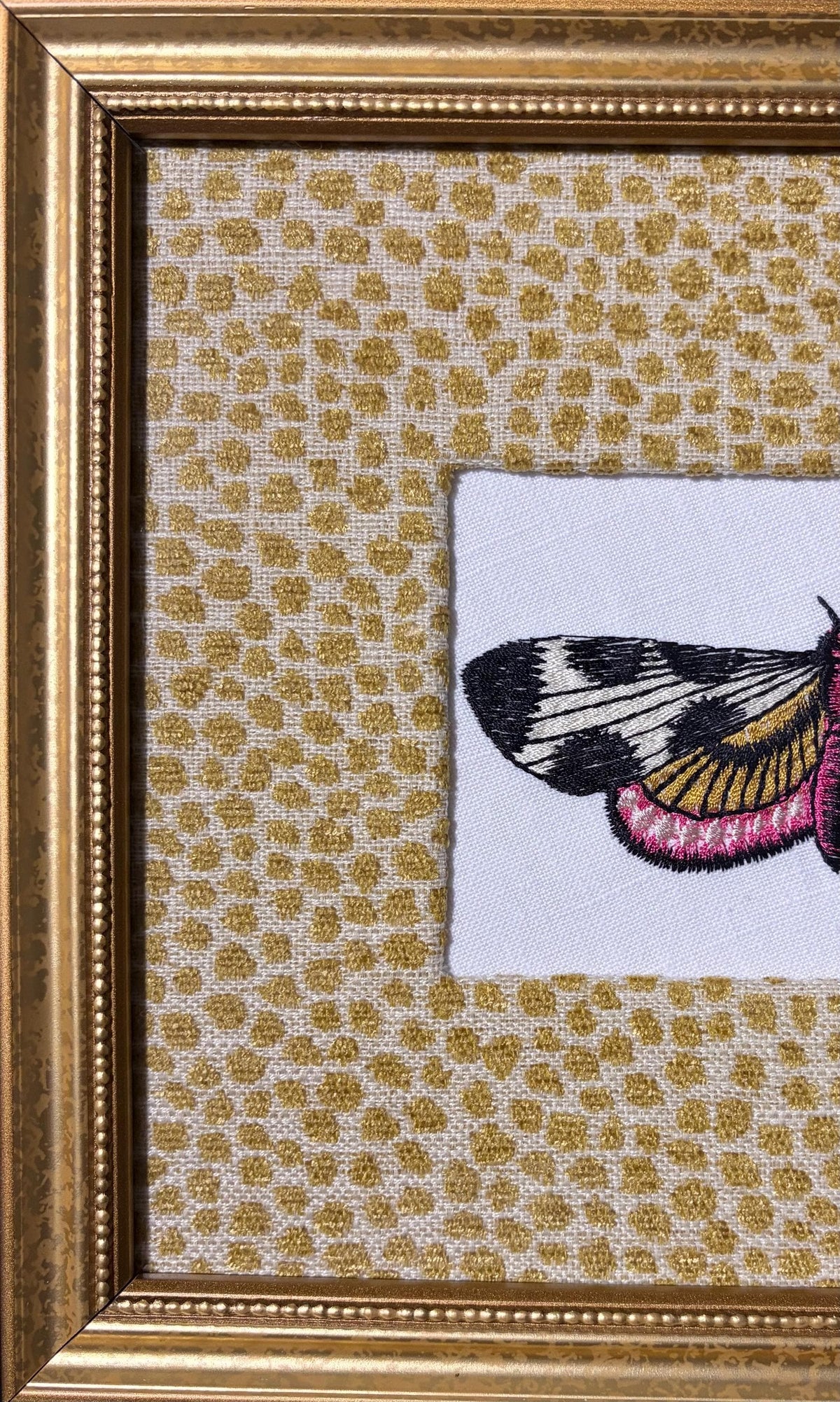Embroidered Butterfly Moth Wall Art | Tully Goldenrod Ballard Designs Fabric Mat, Gold Frame