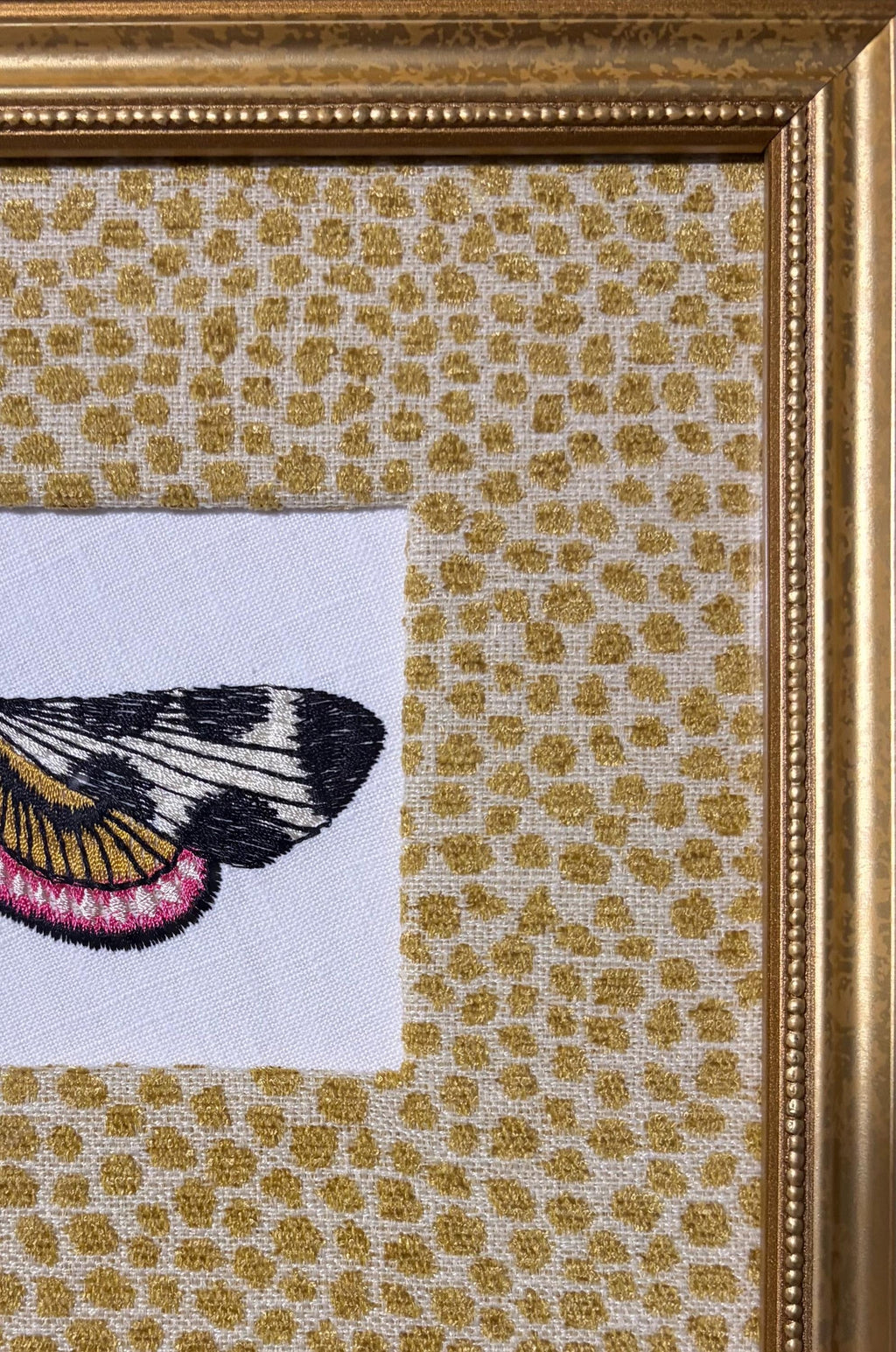Embroidered Butterfly Moth Wall Art | Tully Goldenrod Ballard Designs Fabric Mat, Gold Frame