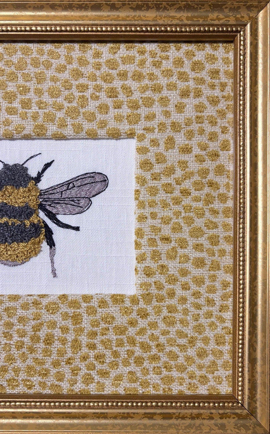 Custom Embroidered Bee Wall Art on Boucle Fabric with Goldenrod Mat, Optional Gold Frame