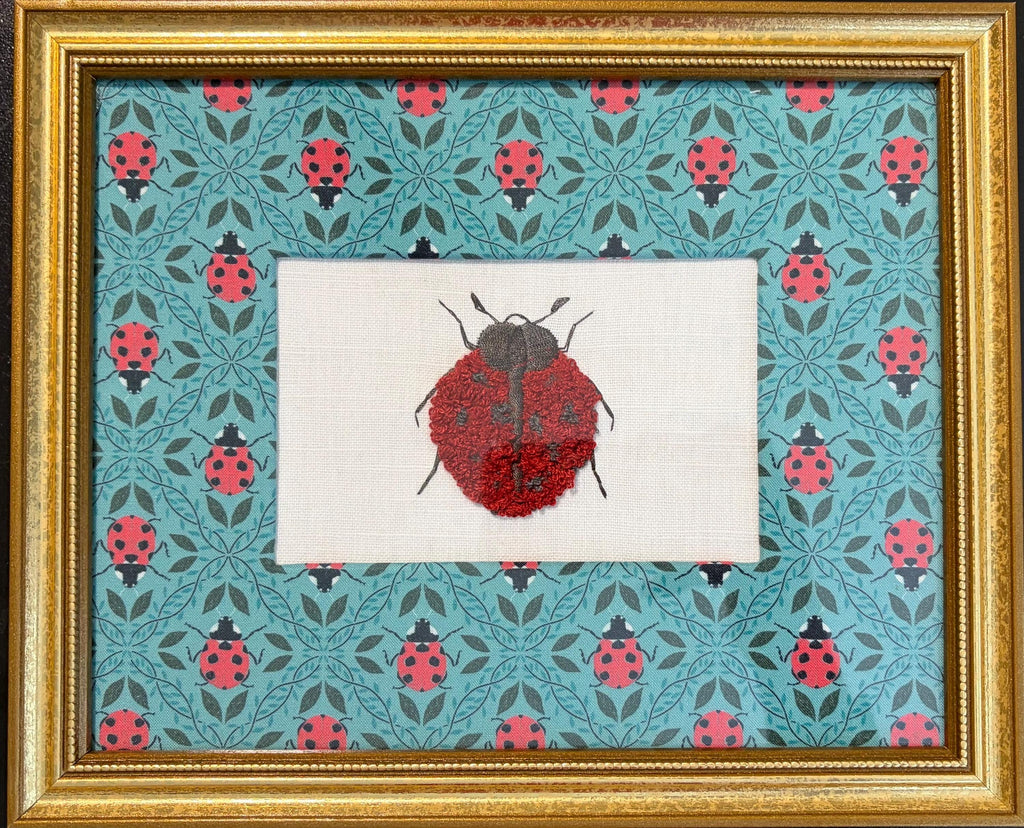 Embroidered Boucle Ladybug Art - Custom Matted Gold Frame Textile Wall Decor, 9.125" x 11.125"