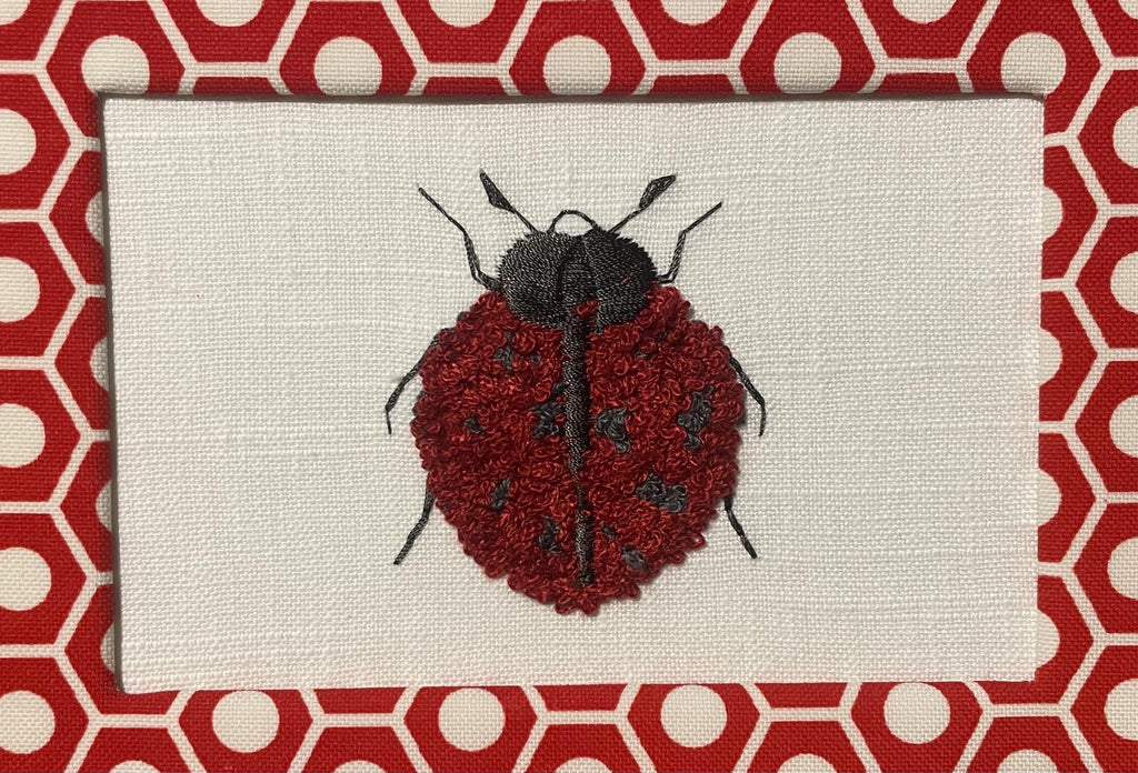 Embroidered Boucle Ladybug Art – custom Schumacher Queen B Fabric mat, Gold Frame (9.125" x 11.125")