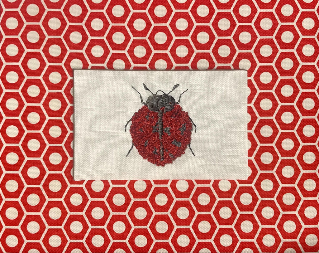 Embroidered Boucle Ladybug Art – custom Schumacher Queen B Fabric mat, Gold Frame (9.125" x 11.125")