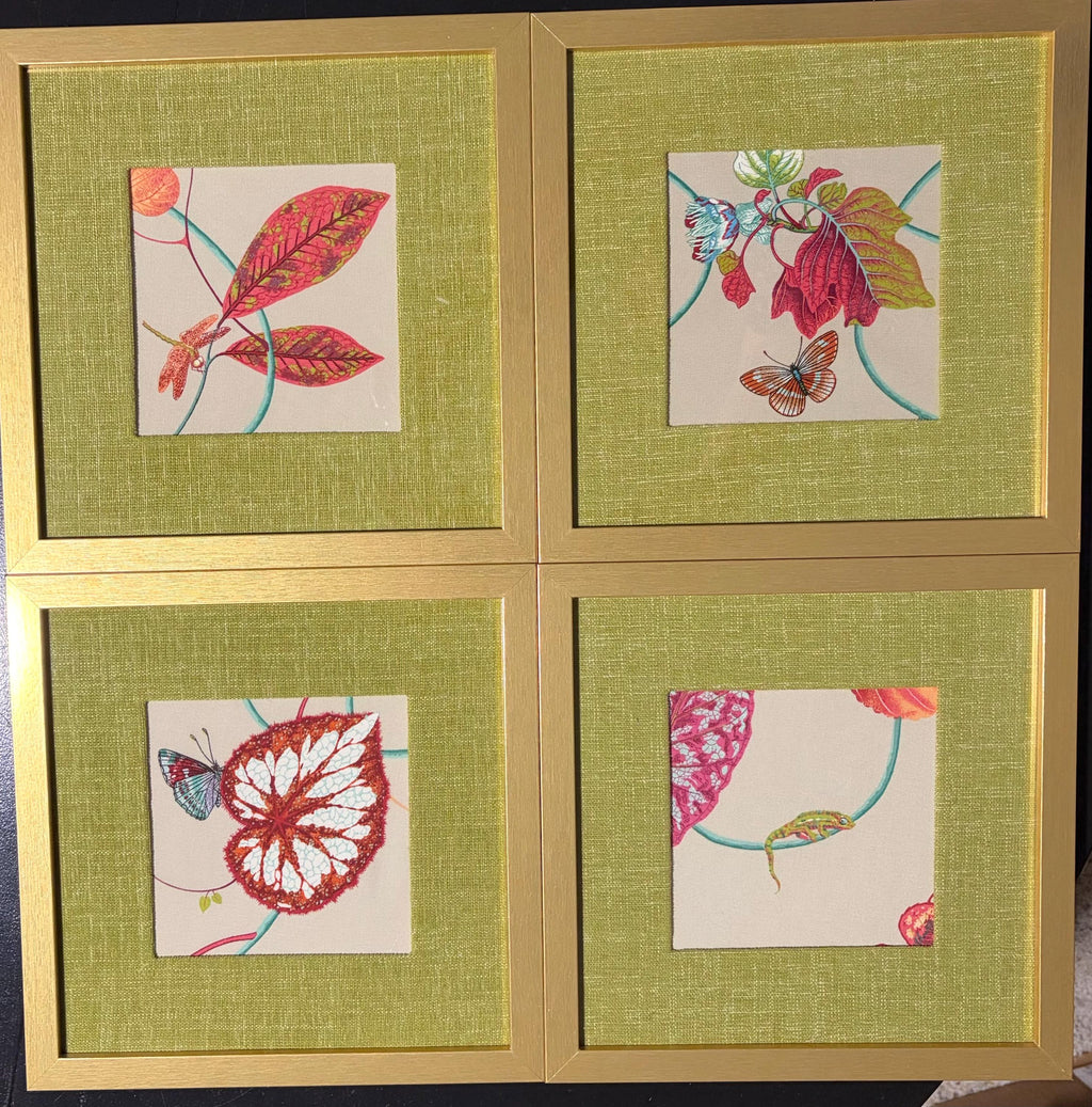 Set of 4 Fabric Mats - P. Kaufmann Creeping Vine on Olive Linen, Gallery Wall Frame Inserts, Botanical Nature Decor