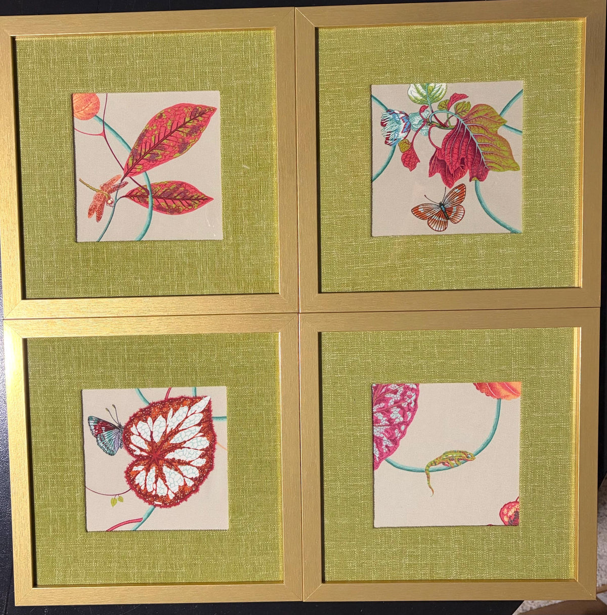 Set of 4 Fabric Mats - P. Kaufmann Creeping Vine on Olive Linen, Gallery Wall Frame Inserts, Botanical Nature Decor