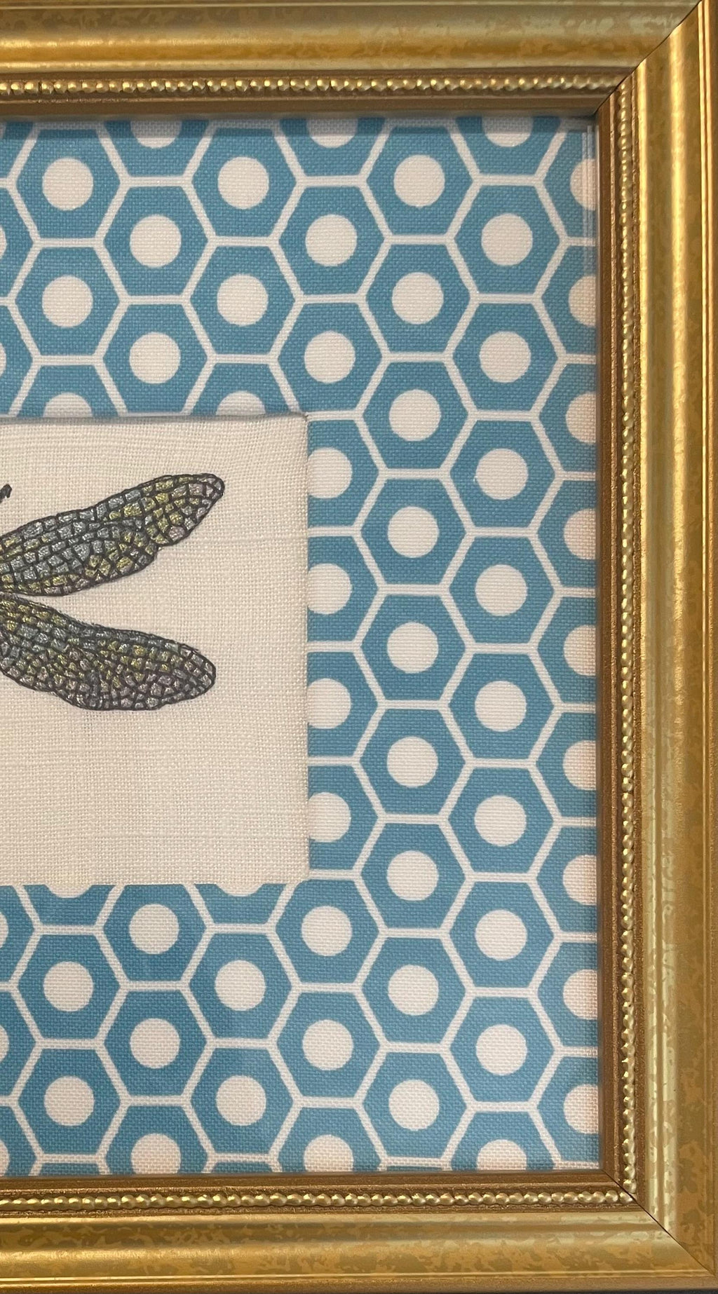 Embroidered Dragonfly Art – Schumacher Queen B Mat, Gold Frame (9.125" x 11.125")