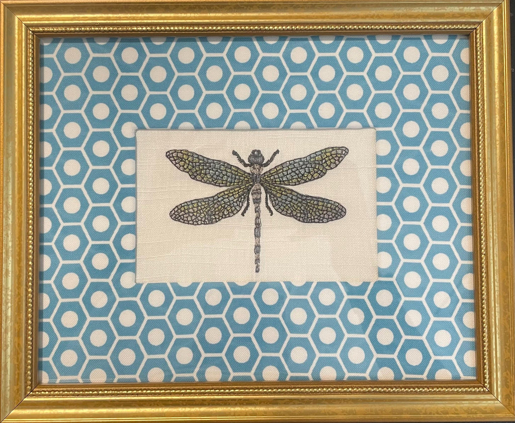 Embroidered Dragonfly Art – Schumacher Queen B Mat, Gold Frame (9.125" x 11.125")