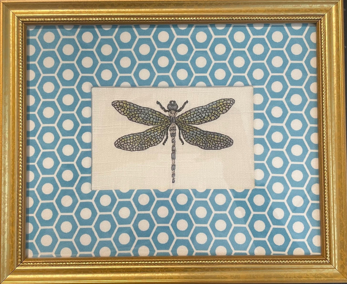 Embroidered Dragonfly Art – Schumacher Queen B Mat, Gold Frame (9.125" x 11.125")