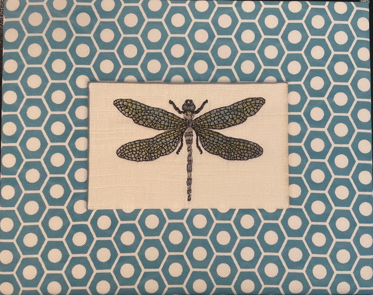 Embroidered Dragonfly Art – Schumacher Queen B Mat, Gold Frame (9.125" x 11.125")