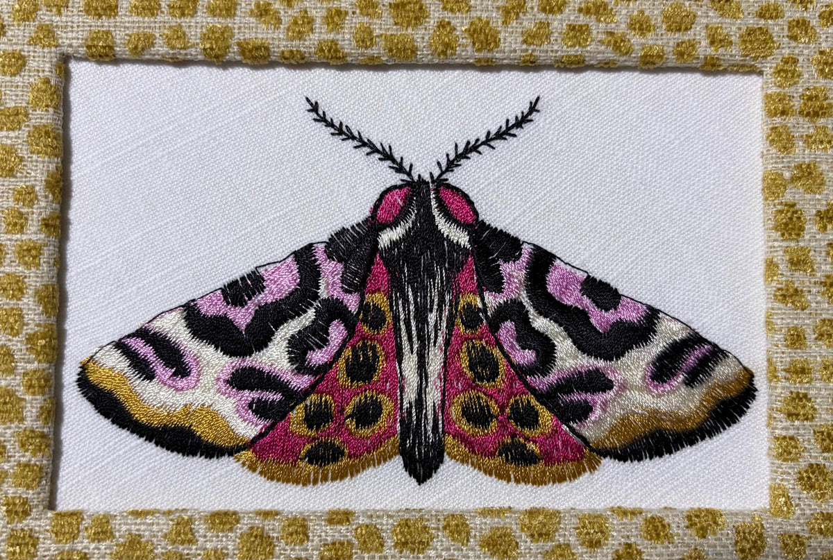 Custom Embroidered Butterfly Moth Wall Art | Tully Goldenrod Fabric Mat, Gold Frame