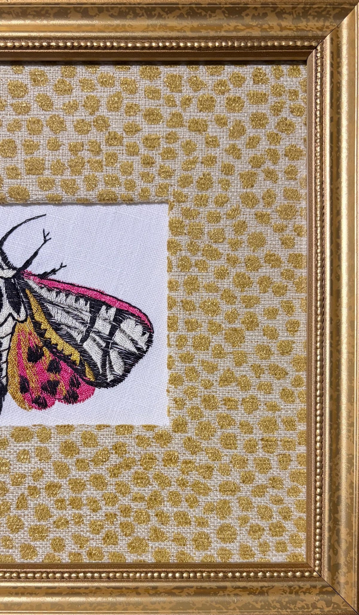 Custom Embroidered Butterfly Tiger Moth Wall Art | Tully Goldenrod Fabric Mat, Gold Frame Optional